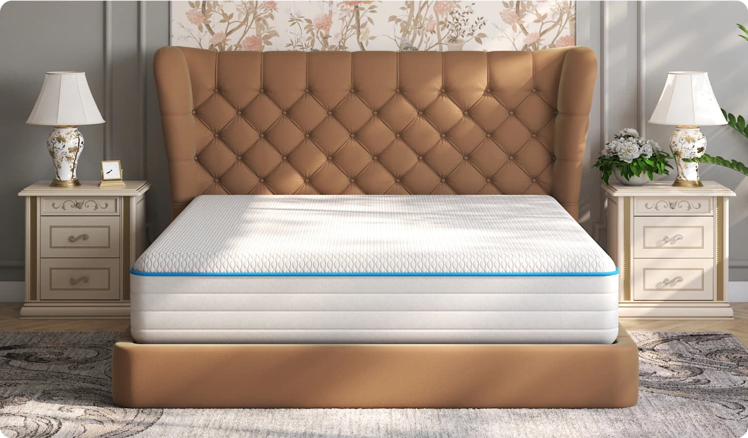 mattress with brown headboard